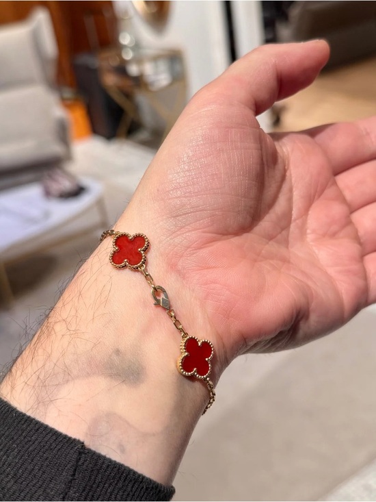 Jewelry - Gold-Tone Bracelet with Red Clover Motifs